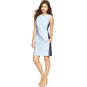 New GAP Colorblock Shift Dress Size 12 Blue Two Tone Chambray Sleeveless Linen